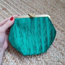 Vintage Emerald Green Satin Clutch Bag with Gold Frame & Chain