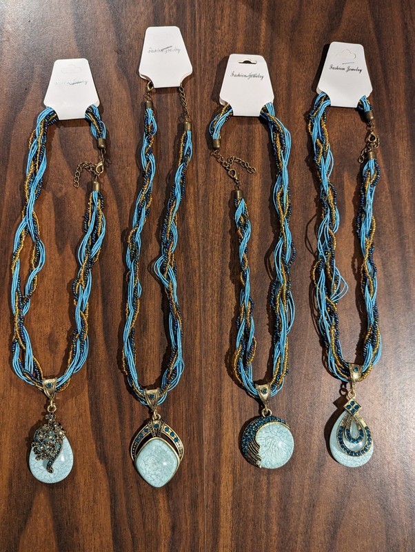 Gypsy Braided Bib Choker Necklace Set Teal Blue Rhinestone Symbols Boho Festival