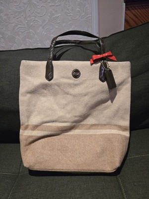 Coach F24665 Stripe North South Beige Wool Tote Bag 