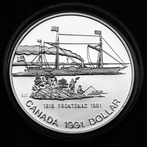 1991 Canadian $1 silver proof coin showing the sailing of the Frontenac