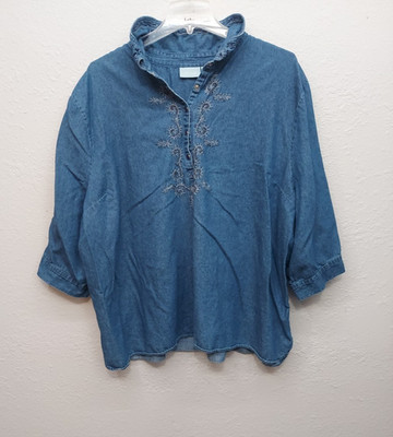 Liz & Me Denim Top 5X Blue Tunic Pearl Snap Embroidered 3/4 Sleeve Popover