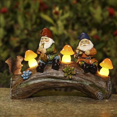 Solarzwerg Garten Deko mit LED Pilzen Terrasse Rasen Harz Statue 22,5 cm