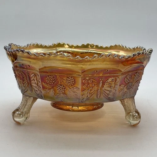 Fenton Butterfly & Berry Iridescent Marigold 3 Footed Bowl 8.5x4” Vintage Read