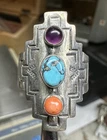 Vintage Sterling Silver Native American Turquoise Coral Amethyst Ring  7.4 Grams