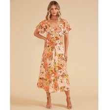 NWT MinkPink Tahlia Midi Dress Small Orange Pink Floral Print Linen Blend Party