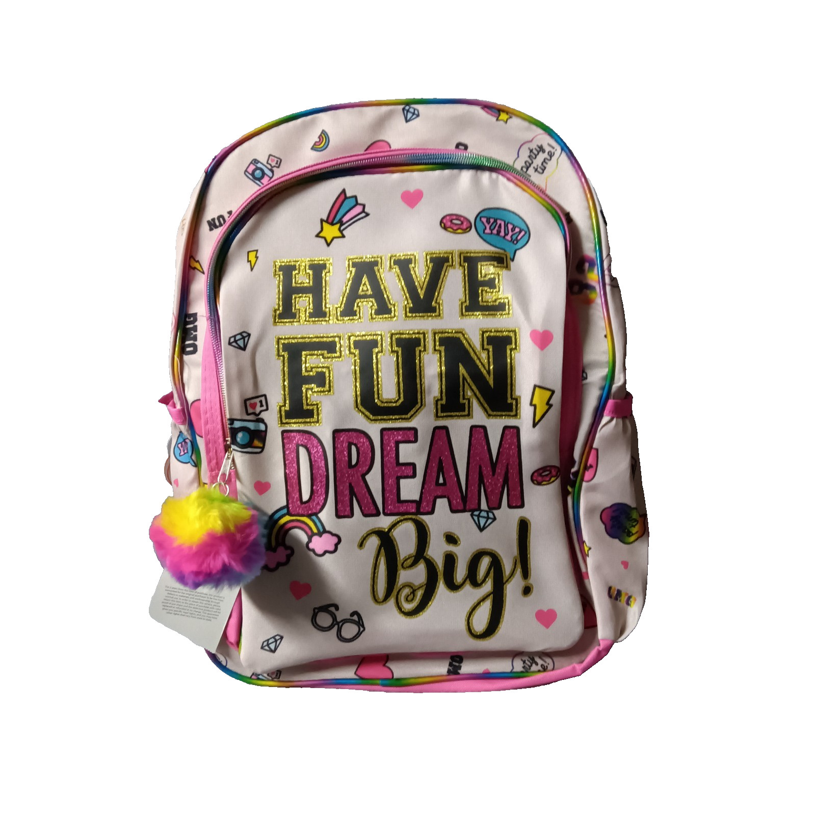 Have Fun Dream Big Glitter School Bag Pink Rainbow Pom Pom