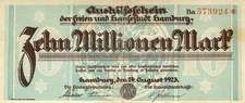 Hamburg Hansestadt 10 Millionen Mark 1923 leicht gebr. Wz. Hakenmäander Ba KN