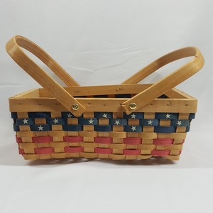 Vintage Patriotic Woven Wood Basket Stars and Stripes American Flag Decor