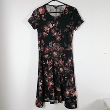 Simply Vera Vera Wang XS Black Floral Midi Dress Stretch A-Line Short Sleeve