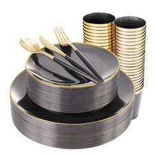 Supernal 180pc Black & Gold Plastic Dinnerware Set - Plates, Cups, Silverware