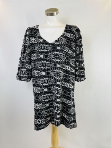 BeBop Dress Womens Aztec 3/4 Split Sleeve Black White Lined Tunic Large