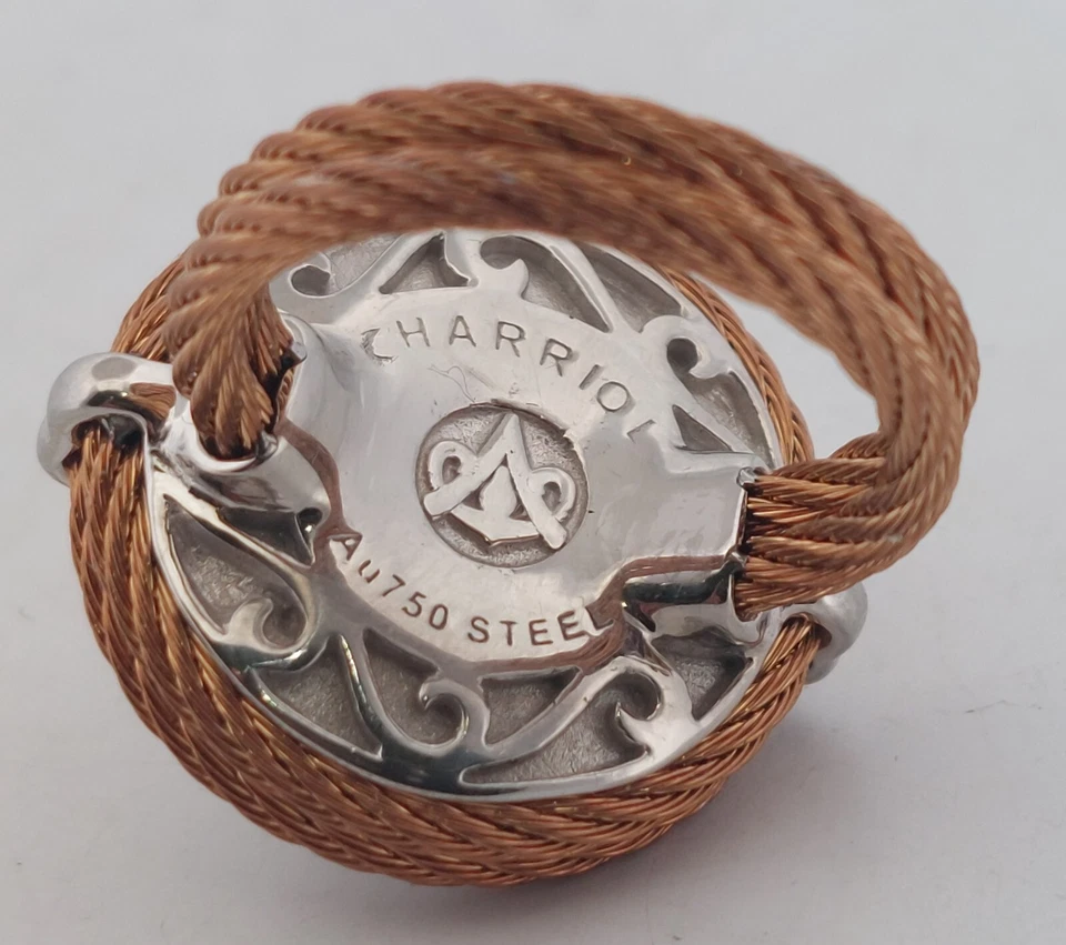 Charriol Celtic Classique White Sapphire 18k Gold & Steel Cable Ring - Size 6 - Image 3 of 4