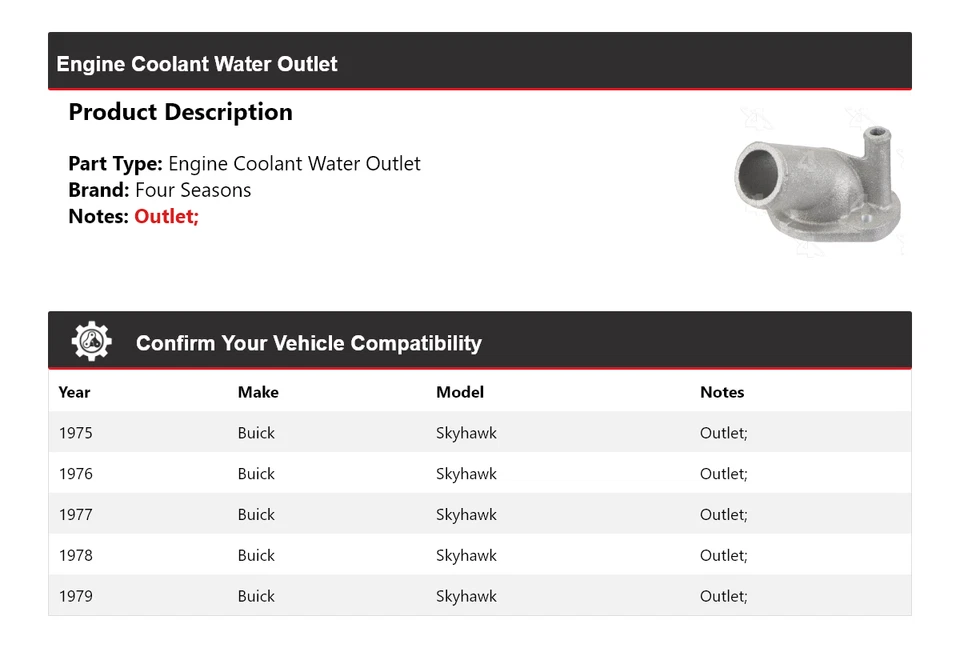 For 1975-1979 Buick Skyhawk Engine Coolant Water Outlet 4 Seasons 1976 1977 1978 - Image 2 of 4