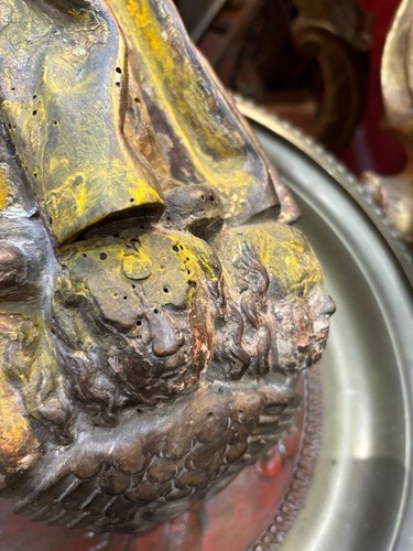Vierge Marie Bois Sculpté époque XVIIIe Reposant Sur Des Anges Statue Religieuse - Imagen 8 de 8