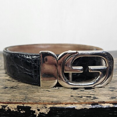Gucci black crocodile belt silver and black authentic Gucci Signature GG-Logo Black Leather Belt / Silver Buckle  main image 4