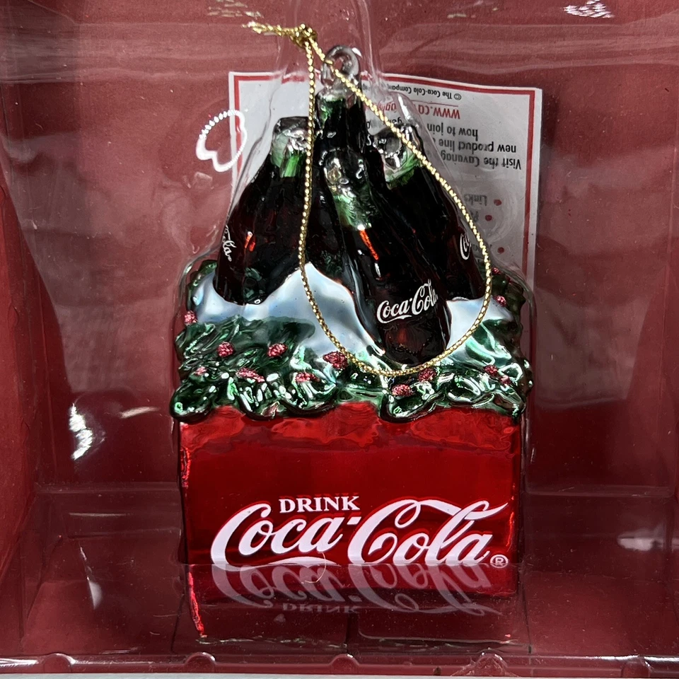 COKE ORNAMENT COCA COLA BLOWN GLASS RED COOLER GREEN BOW 6 BOTTLES CHRISTMAS - Image 2 of 4