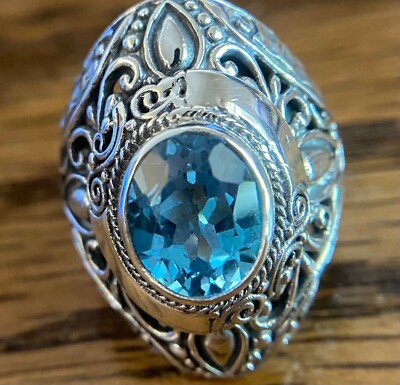 Sarda, Bali Artisan Handcrafted ,925,Beautiful,Substantial, Blue Topaz Ring Sz 7
