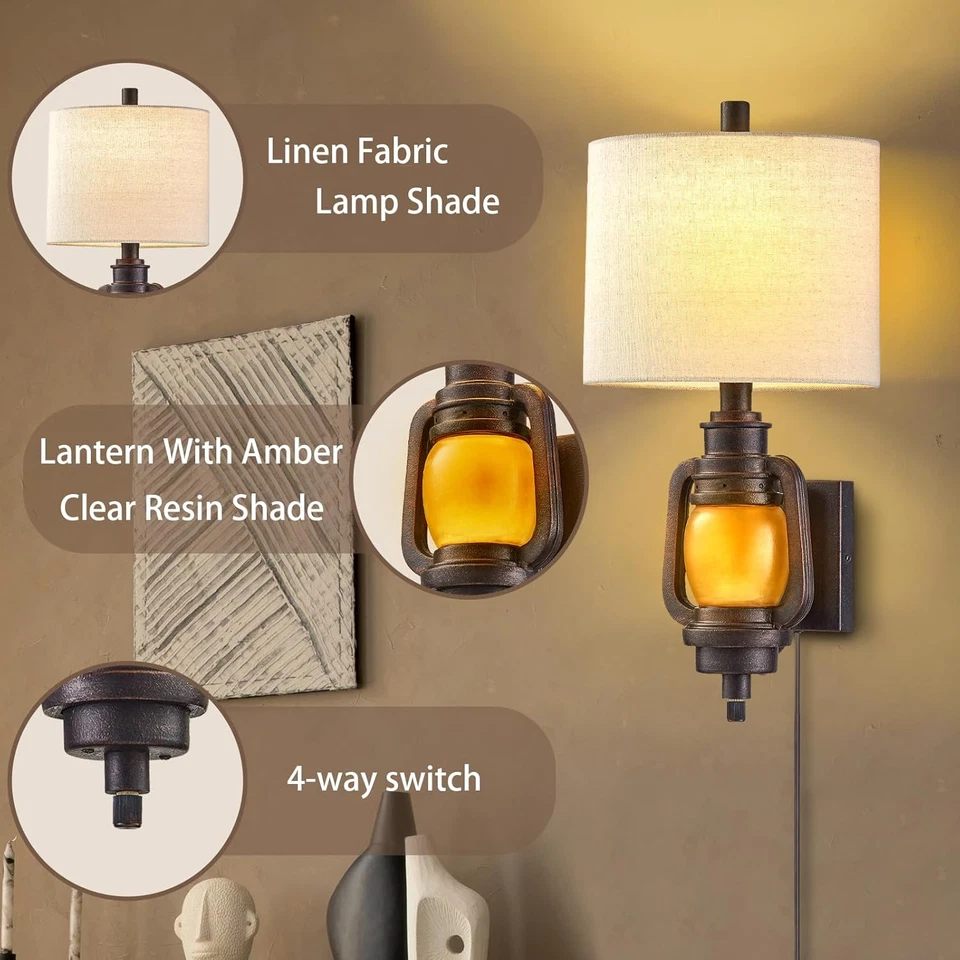Wall Mount Lamp, Wall Lights with Plug in Cord - Dark Bronze Finish, Linen Fabri — 第 2/4 张图片