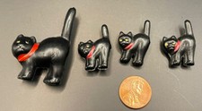 CELLULOID FILLED LARGE BLACK CAT FIGURE RED COLLAR OCCUPIED JAPAN  3 mini cats