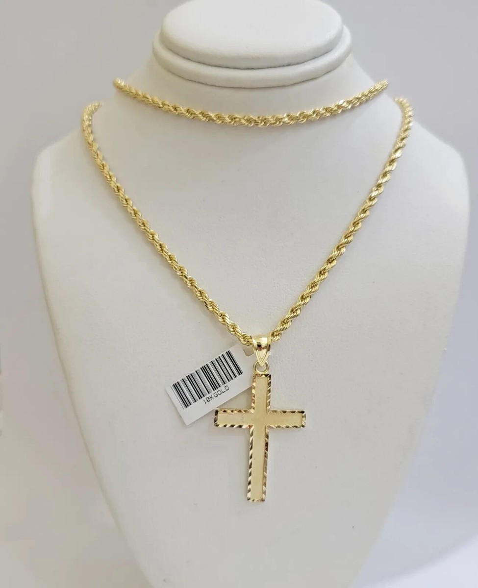 10k Gold Rope Chain Cross pendant Set 3mm 24 Inch Necklace Charm REAL 10kt
