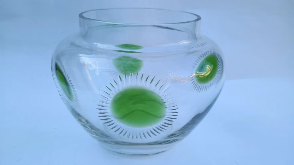 English Arts & Crafts Glass Bowl Vase indented Cut Sun Motifs Stuart & Sons Webb - Image 2 of 4