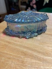 Vintage Fenton Blue Glass Trinket Box with Lid Cabbage Rose Pattern