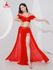 Belly Dance Professional Suit for Women Mesh Short Sleeves Top Split Skirt 2pcs