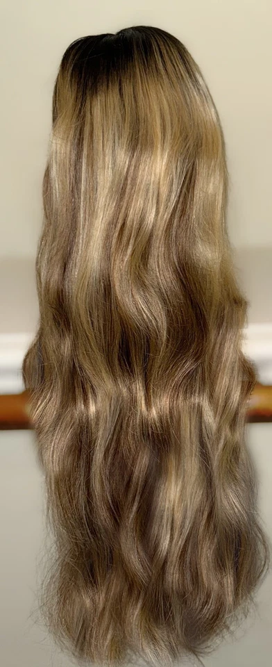 Peluca 28 pulgadas, 100 % cabello humano, raíces oscuras, con múltiples tonos de reflejos rubios, Foto 4 de 4