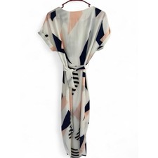 Midi Geometric Tie-Waist Dress in White, Navy & Blush