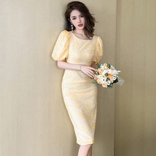 Women's Elegant Floral Puff Sleeve Dress Slim Fit High Waist Yellow Midi S-XL