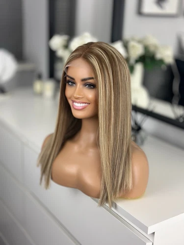 Hervorgehobene Brondie blond warm braun Lace Bob 16" 100% Echthaar Glatthaar Perücke - Bild 4 von 13