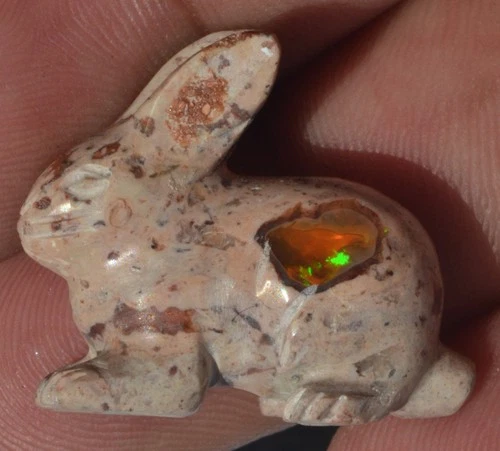 MEXICAN NATURAL MATRIX MULTI-COLOR FIRE OPAL RABBIT STONE CARVED DECO FIGURINE