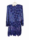 VTG Laurence Kazar Blue Sequin Beaded Top Skirt Set 100% Silk Sz. Large READ