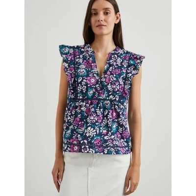 Rails Misha Woodblock Floral Blouse Small Ruffle Sleeveless Cotton Black Pink