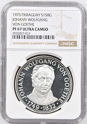 1973 Paraguay 150 guaranies - NGC PF67 UC, "Johann Wolfgang von Goethe"