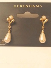 Debenhams Gold Tone Pearl Teardrop Earrings 30mm NWT