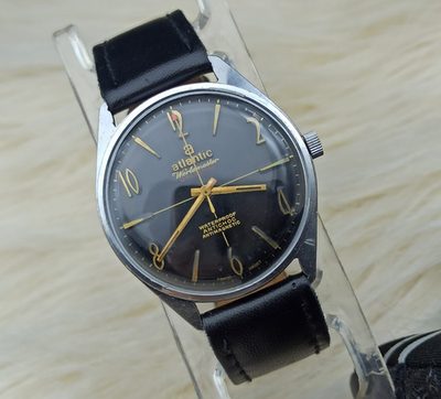 #ad ATLANTIC WORLDMASTER ORIGINAL SWISS MADE MECHANICAL BLACK WATCH 17 JEWELS RARE $240.00