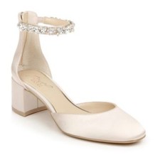 Jewel Badgley Mischka Satin Crystal Ankle Strap Block Heel Pump Cathleen y2k bli