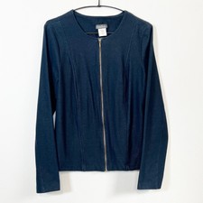 Kim & Co Jersey Jacket Round Neck Zip Up Navy Blue Long Sleeve Size M