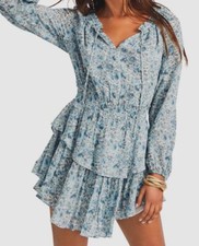 $425 Loveshackfancy Women's Blue Popover Long sleeve V-neck Dress Size L