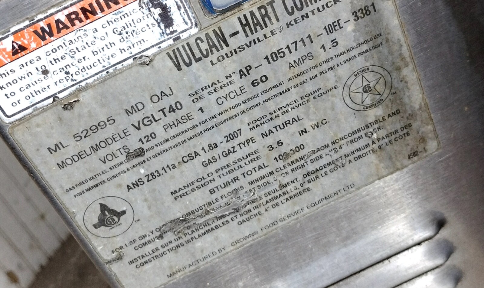 Vulcan Hart Crown VGLT40 VGLT 40 Gallon Tilt Tilting Kettle - Gas