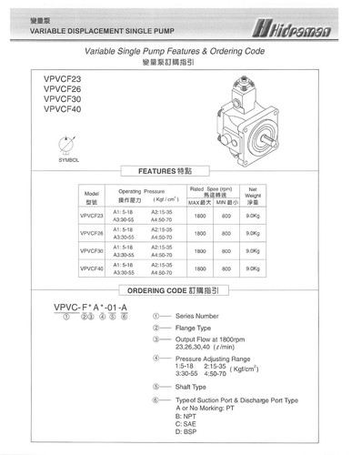 VPVC-F30-A1 Hidraman Hydraulic Variable Van Pump Max. Pressure 18Kg - Picture 5 of 6