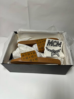 MCM Men\'s Cognac Logo Monogram Print Rubber Slides EUR 46 Size US 13 Pre-owned. MCM Men main image 3