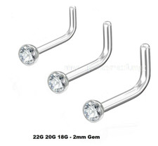 2pcs. 22G 20G 18G 2mm Press Fit Gem Top 316L Surgical Steel L-Shaped Nose Stud