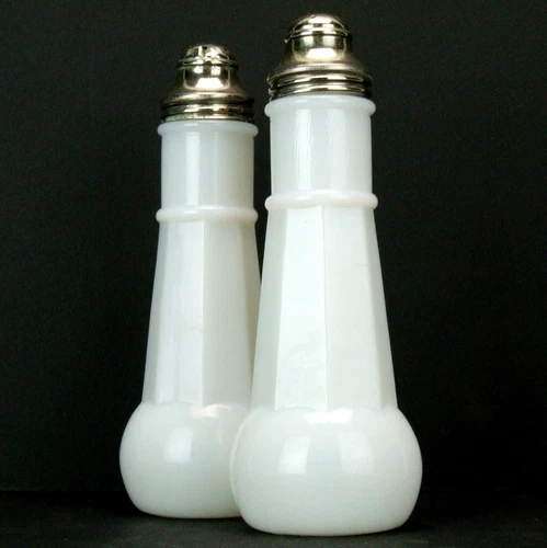 Antique Depression White Milk Glass Tall Salt & Pepper Shaker Set 6-1/2" in