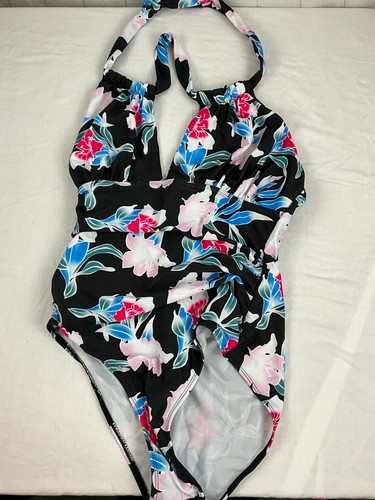 Costume da bagno donna pezzo unico taglia large nero floreale Halter costume da bagno usato in ottime condizioni