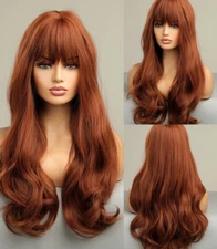 Copper Red Long Wavy Natural Heat Resistant Hair Soft Cosplay Wigs With Bangs