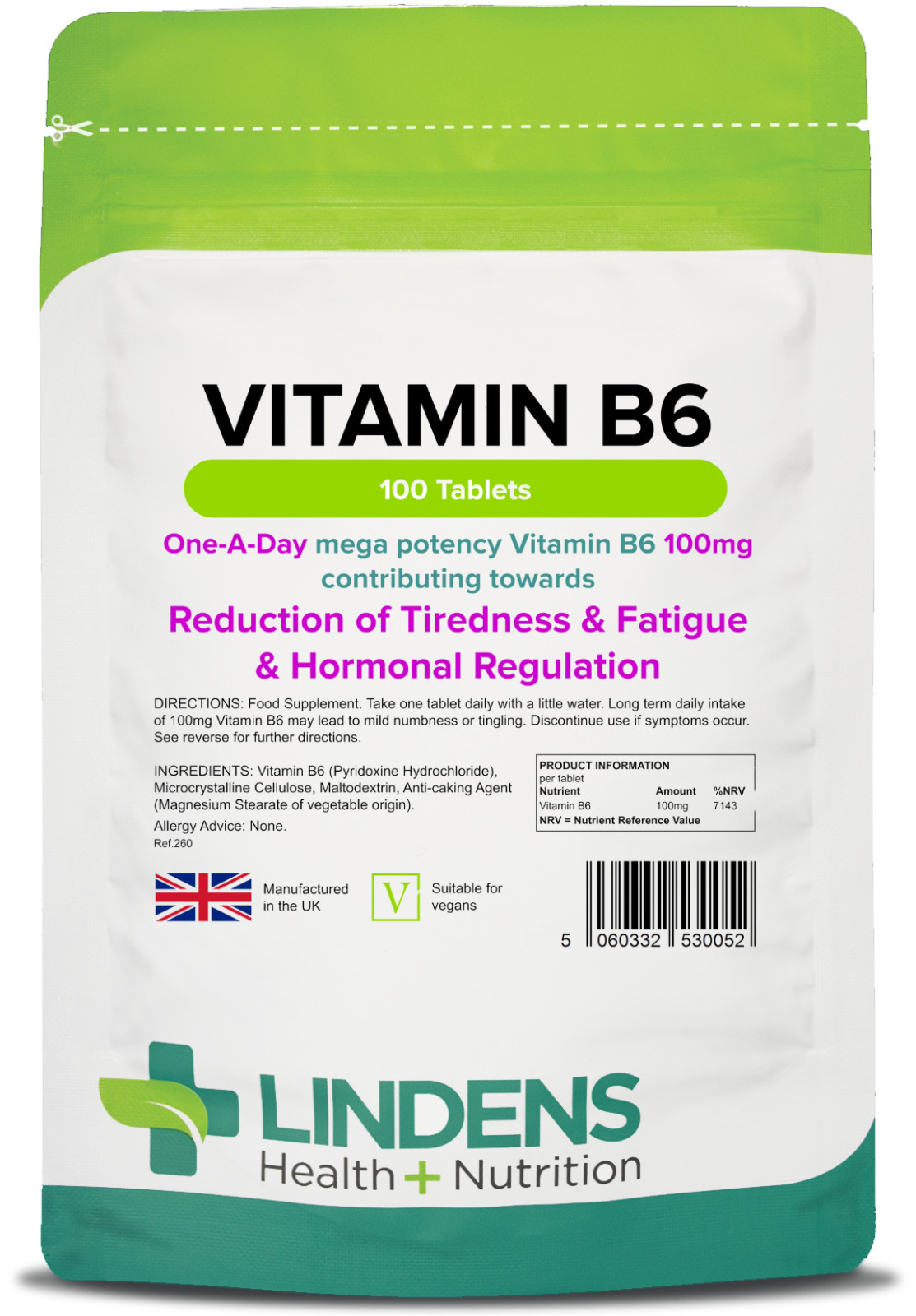 Vitamin B6 100mg 100 Tablets Hormone Balancer Reduce Tiredness Fatigue Lindens - Image 4