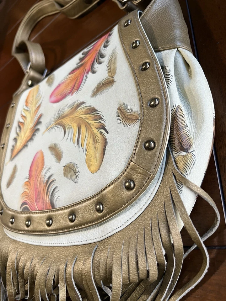 Cool Anuschka Floating Feathers Fringe Crossbody Hand Bag Tote Purse Retired OOS - Image 2 of 4