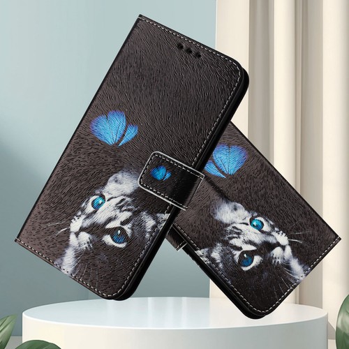For Various Phone Painted Butterfly Cat Card Wallet Bag Case Flip Stand Cover - Picture 9 of 23
